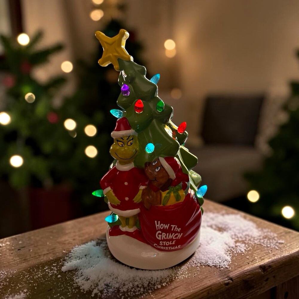 Ruz Dr. Seuss Grinch Painted Ceramic Light-Up Christmas Tree Figurine 11in